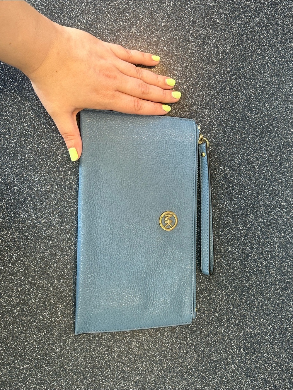 Blue Leather Michael Kors Wristlet Clutch with Gold Accent